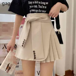 Gaganight Korean Women Empire Pläterad A-Line Kjolar Vår Sommar Solid Sashes Mini Jupe Studenter Chic Faldas Mujer 210519