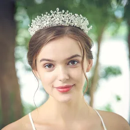 SLBRIDAL Handmade Luxury Crystal Rhinestone Pearls Ceramic Flower Bridal Tiara Wedding Princess Party Crown Women Hair Jewelry