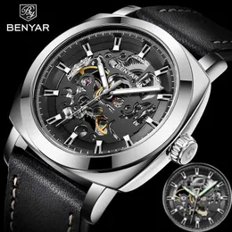 2021新しいBenyar自動メカニカルウォッチトップ高級ブランドウォッチメンズビジネスファッションレザーストラップ防水腕時計Q0902
