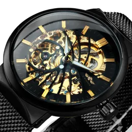 超薄型の自動メカニカルウォッチメンズゴールドバードパターンデザインメッシュストラップスケルトンの手首の腕時計