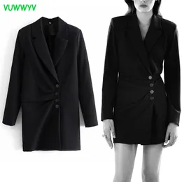 VuWyv Black Blazer Dress Women Spring Collar Office Mini Kobieta Długie Rękaw Podkładka Ramię Out Button Vestidos 210430