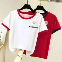 Wwenn kvinna t-shirt mode toppar röd blomma broderar t-shirt kvinnor kortärmad sommar bomull Tshirt damer skjortor slim 210507