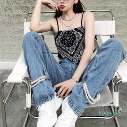 Kvinnors Jeans Superraen Streetwear Pearl Chain for Women High Waist Slim Rak Byxor Casual Trouser