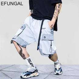 EFUNGAL Hip Hop Knee Length Pocket Reflective Stripe Summer Shorts Men Fashion Streetwear Loose Jogger Male Urban 210716