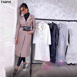 TAOVK Long straight winter coat with rhombus pattern Casual sashes women parkas Deep pockets tailored collar stylish outerwear 210819