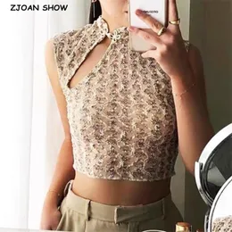 Harajuku Women Summer Tank Tops Chinese Style Retro Cool Girl Sexy Slim Mesh Lace Crop Tees 210429