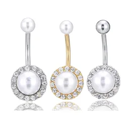 Sexy Pearl Dangle Pępek Brzuch Button Pierścionki Moda Podwójny Okrągły Kryształ Cyrkon Stalowy Piercing Biżuteria Prezent