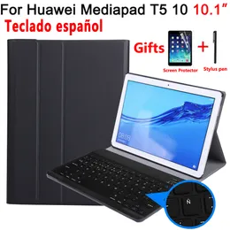 스페인어 키보드 케이스 Huawei MediaPad T5 10 10.1 AGS2-L09 AGS2-W09 AGS2-L03 케이스 화웨이 T5 10.1 키보드 커버 + 필름 + 펜