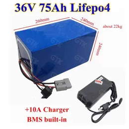 Rechargeable LiFePO4 36v 75ah lithium battery pack with BMS 12S for 3000W electric power tools energy storage system+10A Charger