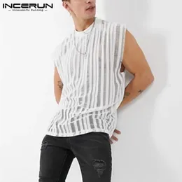 Men Mesh Striped Tank Tops Sleeveless O Neck Streetwear Breathable Vests Summer Fashion See Through Mens INCERUN 5XL 7 Men's