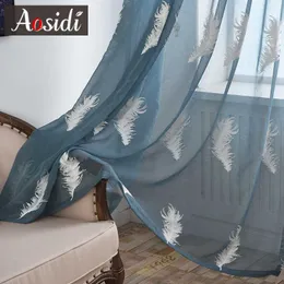 White feather embroidered window tulle Curtain for living room bedroom Modern blue sheer Curtain Embroidery voile Curtain 3D 210712