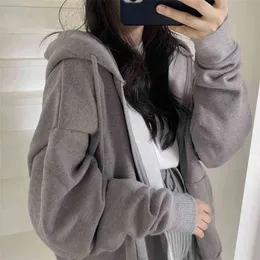 Kvinnor Hoodie harajuku koreanska versionen lös tunn lång överdimensionerad sweatshirt rosa kvinna tröja med huva hoodies 210721