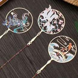 Chiński Retro Peacock Koi Tassel Wisiorek Grupa Wentylator Kształt Mosiądz Bookmark Metal Książka Klip Mark