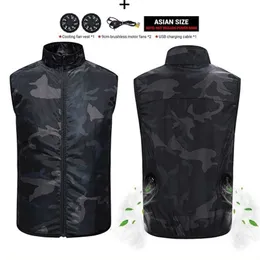 Aiwetin Summer Cooling Fan Vest USB Smart Laddning Kläder Män Kvinnor Utomhus Solskyddsmedel Skinjacka Andas Cool Suit 211104