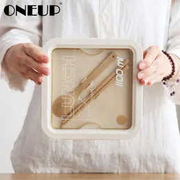 Oneup Lunchbox för vete halm Japansk stilbehållare tätningstejpsked ätpinnar mikrovågsugnstil 211104