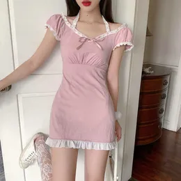 Кружева розовые девушки платье талии обниматься похудение французское платье лето 2021 новое стиль темпераментное платье Y0603