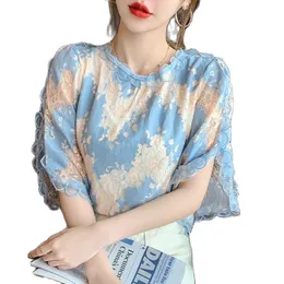 Comelsexy Summer Women Fashion Lace White Women Blouse Tops Causal O-neck Short Sleeve Blouse Super Fairy Splicing Shirt 210515