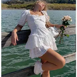 Retro kwiatowy haft białe sukienki kobieta lato szczupły talii odzież krótki rękaw puffowy boho party mini sukienka kobieta 210603