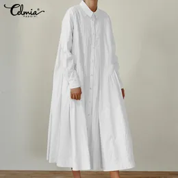 Autumn Maxi Long Dresses Celmia Plus Size Women Shirt Dress Vintage Pleated Sleeve Vestidos Casual Party Robe Femme