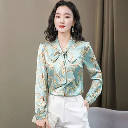 Luxury Designer Ribbon Bow Silk Blouses Runway Women Fashion Long Sleeve Floral Shirts Slim Office Ladies Printed Shirt Elegant Summer Autumn Classic Button Tops