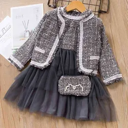 Höst Baby Girls Kläder Elegant Princess Custumes Solid Jacka + Klänning Väska Barnkläder Toddler Outfits 210508