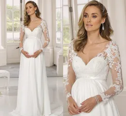 2021 Pregnant Dress for Wedding Party Chiffon V-Neck Bridal Gowns With Long Sleeve Floor Length Lace Appliques Robe De Mairee