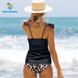 Beachsissi Women's 2021 Black Tankini Set 2 Piece New Leopard Bikini Söt Ruffled Shoulder Beachwear Sommar Simning Baddräkt Y0820