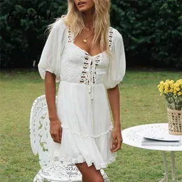 Eleganckie Hollow Out White Lace Dress Up Mini Summer Sun Beach Boho ES Casual Fashion Vestidos Mujer 210427