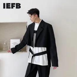 IEFB Düzensiz Tasarım Kesim Hem Blazers Bandaj Kısa Takım Elbise Ceket Erkekler Için Bahar Çiğ Kenarlık Giyim Rahat Tops 9Y4665 210524