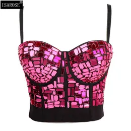 Isarose kvinnor sequins toppar sommar parti musikalisk festival gröda toppar bling akryl ärmlös sträcka ingen bh mjuk trådbunden camisole 210422