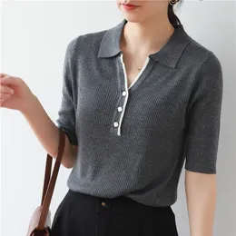 Tidig höst mode Casual och elegant Polo Collar Wool Sleeves Pit Strip Slim Sticka tröja för Kvinnors yttre slitage 210520