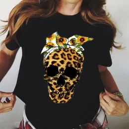 Wvioce Fashion Leopard Skull Print Tops Women T-shirt Summer Plus Size Black Female Round Neck Harajuku Top Clothes H1