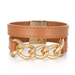 Punk mulheres vintage cáqui de metal pulseira de couro retro ouro chunky cadeia grande envoltório pulseiras pulseiras jóias feminino