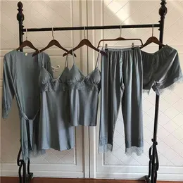 Mechcitiz 5 sztuk jedwabna piżamas zestaw satynowy sosweear szaty spodnie jesień pijamas szlafrok seksowna bielizna koronki zima piżamy 210809