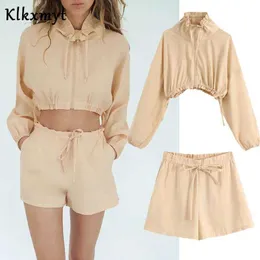 KlkxMyt Sets Kobiety Ins Moda Blogger Anglia Vintage Jacket Lady Harem Luźne Szorty Krótkie Feminino Dwa kawałki 210527