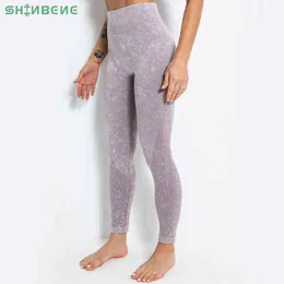 SHINBENE ACID WASH Seamless Workout Training Compression Tights Women High Waist Tummy Control Fitness Sport Legging Yoga Pants H1221