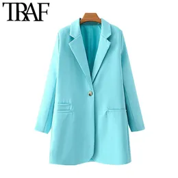 Kadın Moda Ofis Giyim Tek Düğme Gevşek Blazer Ceket Vintage Uzun Kollu Cepler Kadın Giyim Şık Tops 210507