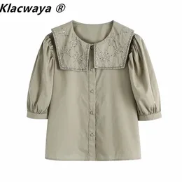 Women Vintage Turn Down Collar Floral Embroidery Smock Blouse Female Pleat Puff Sleeve Shirt Chic Blusas Tops 210521