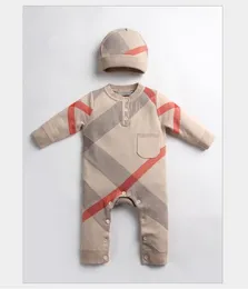 Güz kış bebek örgü tulum şapka ile bebek erkek kız ekose uzun kollu tulumlar toddler yenidoğan onesies çocuklar romper 0-24 ay