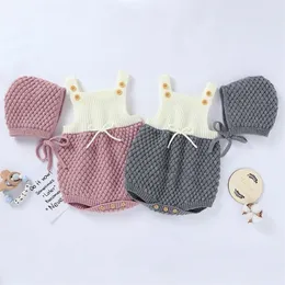 Höst Spädbarn Baby Romper Born Boy Girl Kläder Rompers + Hat Boys Girls Triangle Stickad 210521