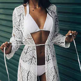 2021 Sexig Robe de Plage Women Bikini Cover Ups Lace Crochet Hollow Out Pareos Para Play Tunics Beach Dress Cardigan Cover Ups X0521