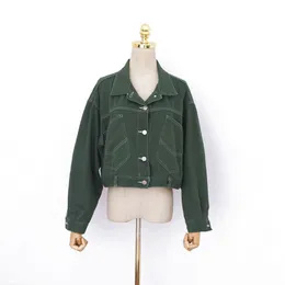 Women's Short Cropped Denim Green Jacket Button Front Long Sleeves Jean Jackets For Women Turn Down Collar C0038 210514