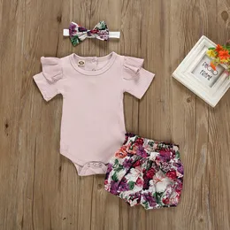 2021 Newborn Baby Girl Clothes Set Summer Solid Color Short Sleeve Romper Flower Shorts Headband 3Pcs Outfit New Born Infant Clothing