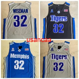 Maglia da basket Memphi Tigers # 32 James Wiseman College All Stitched Black Blue Grey drop Maglie S-2XL