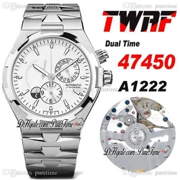 Twaf Overseas Dubbel Time 47450 A1222 Automatisk Mens Watch Power Reserve Silver Textur Dial Stick Markörer Rostfritt Stål Armband Super Edition Klockor Puretime A1