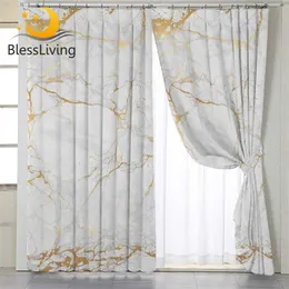 BlessLiving Vintage Marble Living Room Curtain White Golden Blackout Curtain for Bedroom Stone Luxury Window Curtain Panels 210712