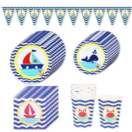 Engångsgräs blå navigering födelsedagsfest dekorationer bordsartiklar val segling koppar tallrikar servett barn baby shower leveranser