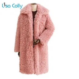 Lisa Colly Women Winter Thick Fur Coat Warm Faux fur Jacket Long coat outwear Ladies Lamb Wools 211220