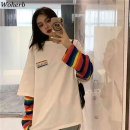 Woherb Rainbow Striped Fake Två Pieces T-shirt Kvinnor Casual Loose Harajuku BF Toppar Kvinnor Koreansk Fashion Streetwear 91296 210623