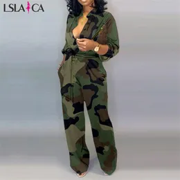 LSLAICA sprzedająca damska kieszeń szerokie spodnie nogi luźne wygodne kamuflaż bandge jumpsuit jesień kobieta 210515